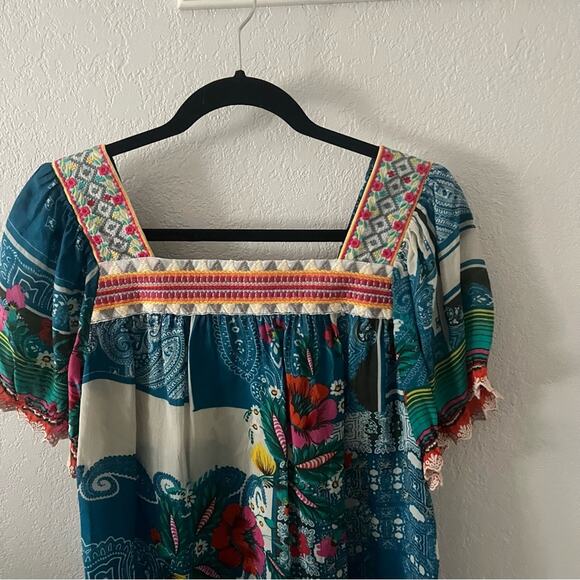 Johnny Was Hilary Blue Square Neck Printed Puff-Sleeve Blouse - Picture 4 of 9